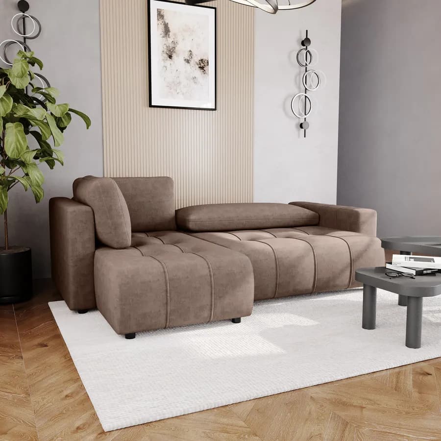 Divano letto 3 posti in tessuto ciniglia tortora scuro con chaise longue a sinistra - Wellington
