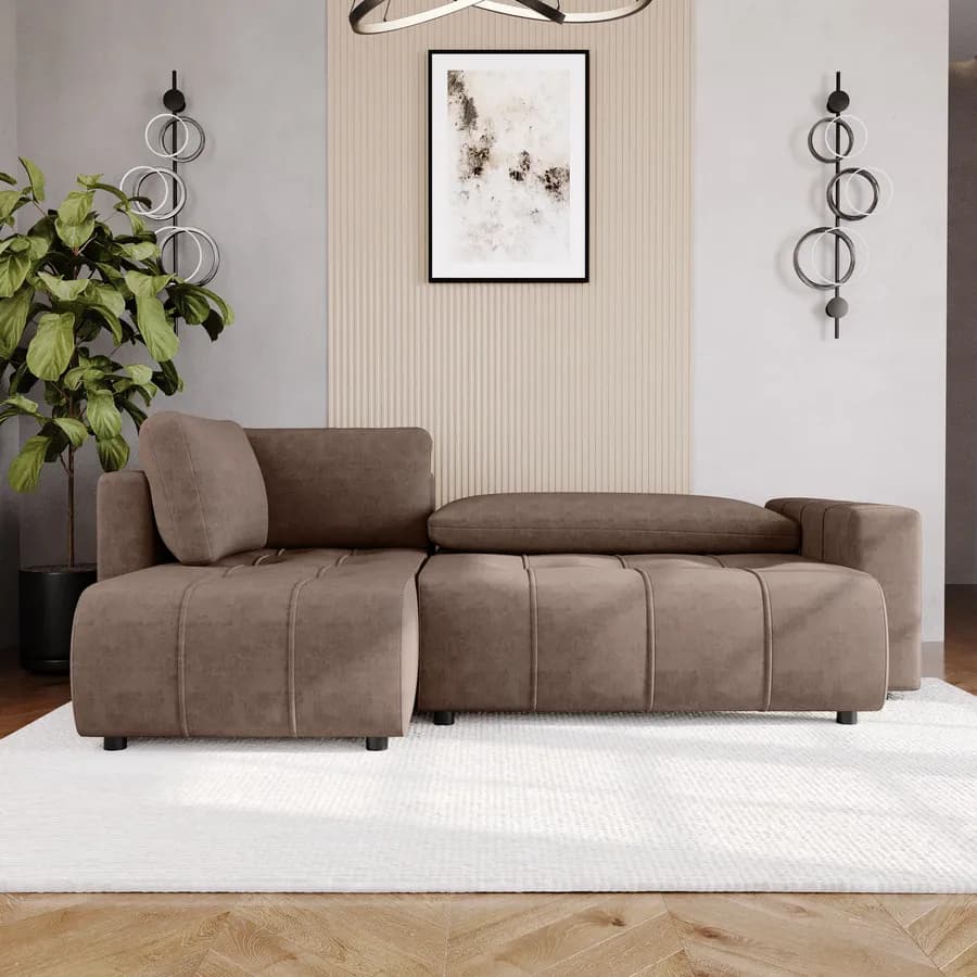 Divano letto 3 posti in tessuto ciniglia tortora scuro con chaise longue a sinistra - Wellington