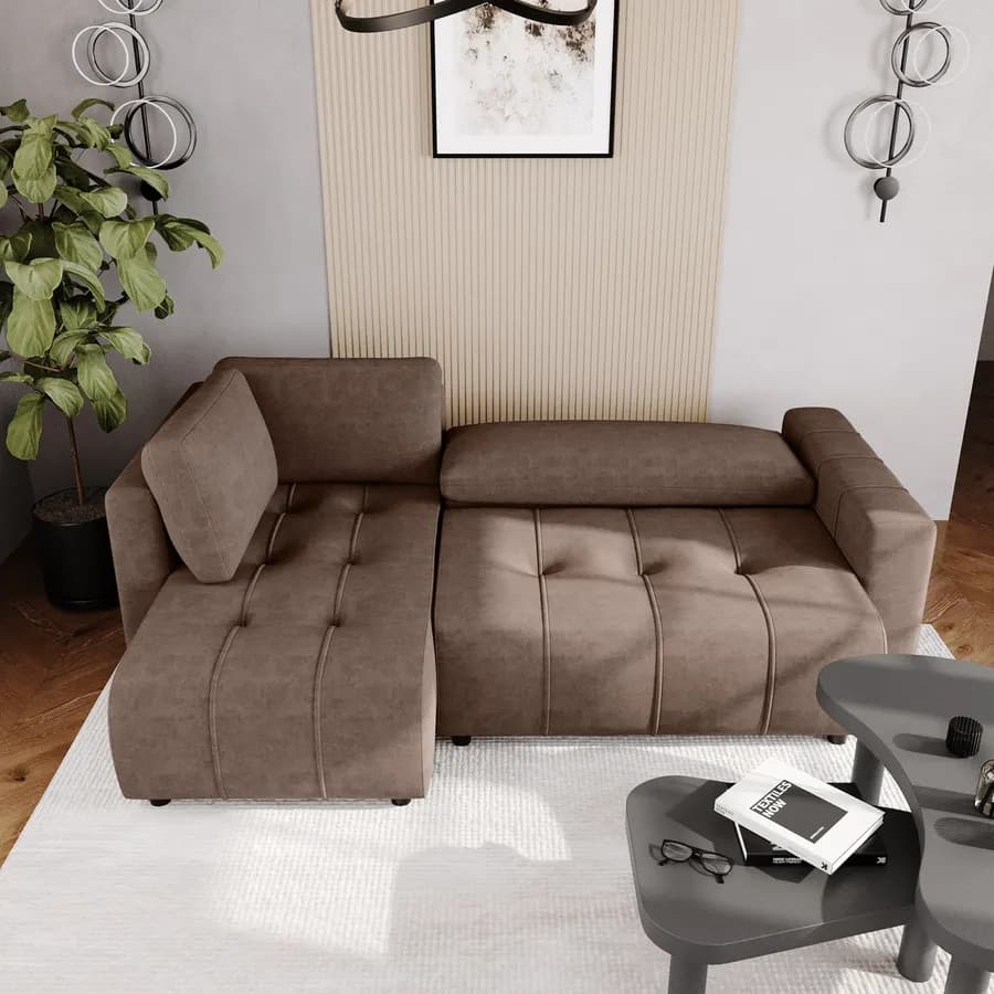 Divano letto 3 posti in tessuto ciniglia tortora scuro con chaise longue a sinistra - Wellington