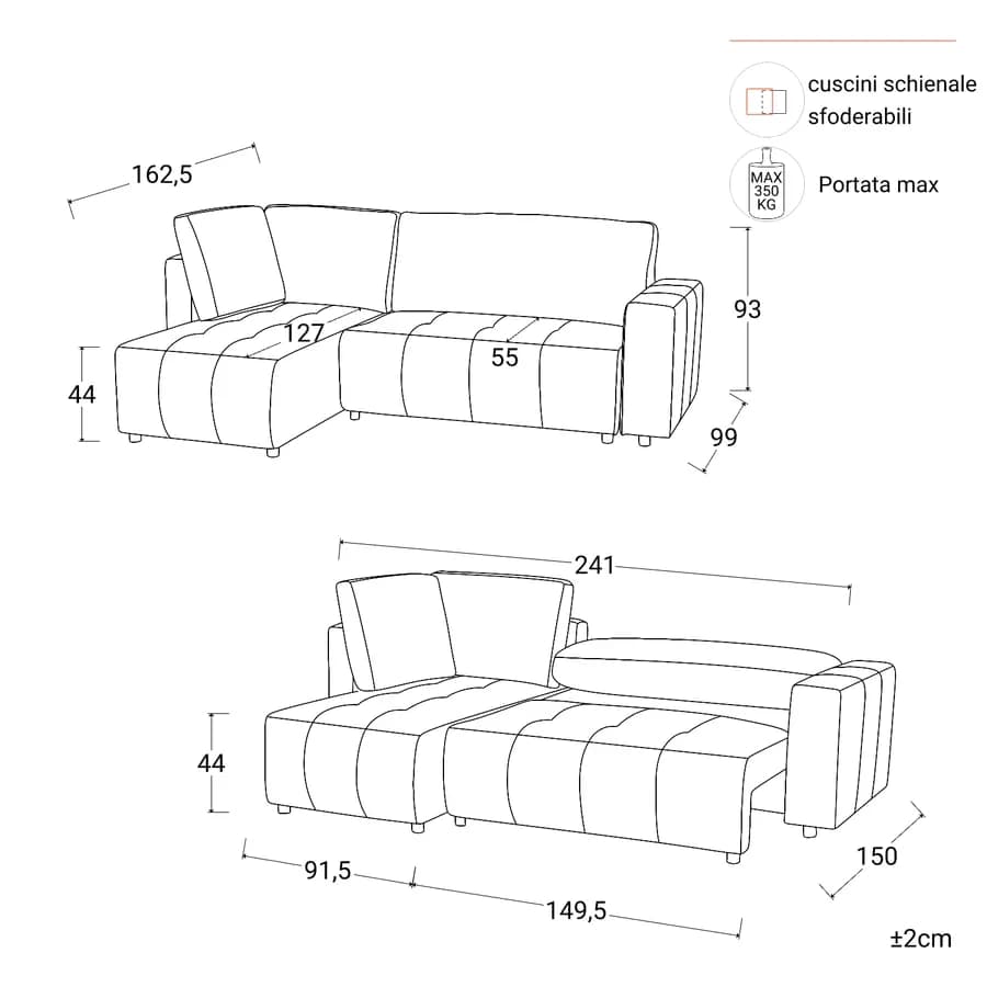 Divano letto 3 posti in tessuto ciniglia tortora scuro con chaise longue a sinistra - Wellington