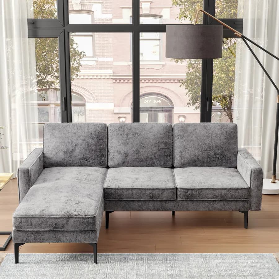 Divano 3 posti in tessuto ciniglia grigio con chaise longue a sinistra e piedi neri - Mozen