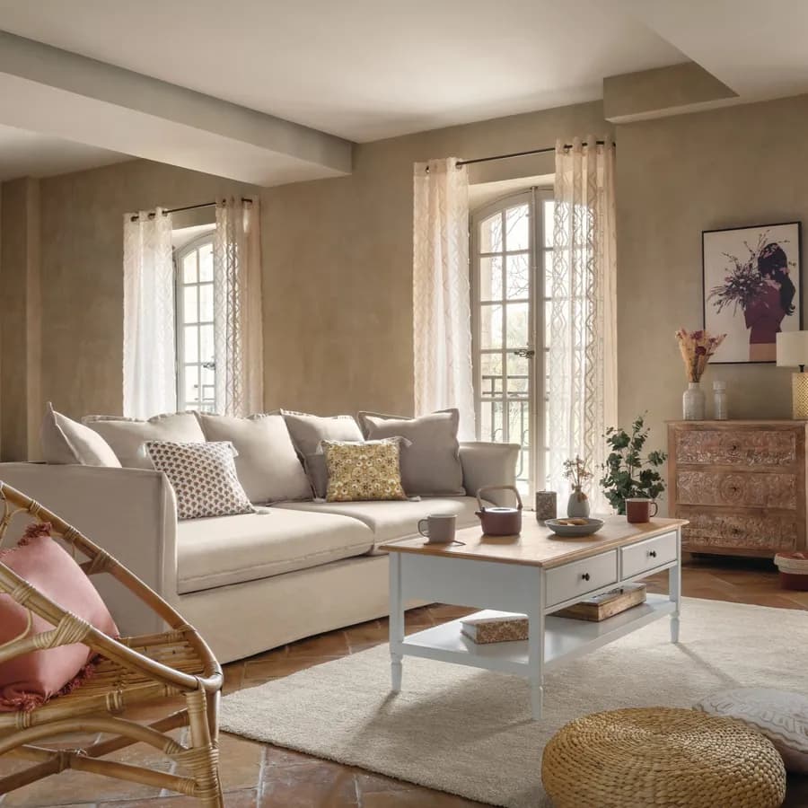 Divano 3 posti sfoderabile in tessuto effetto lino beige con cuscini - Noemi