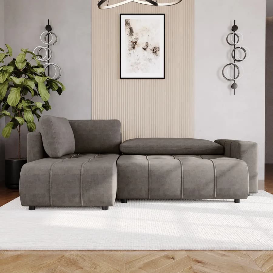 Divano letto 3 posti in tessuto effetto melange grigio con chaise longue a sinistra - Wellington