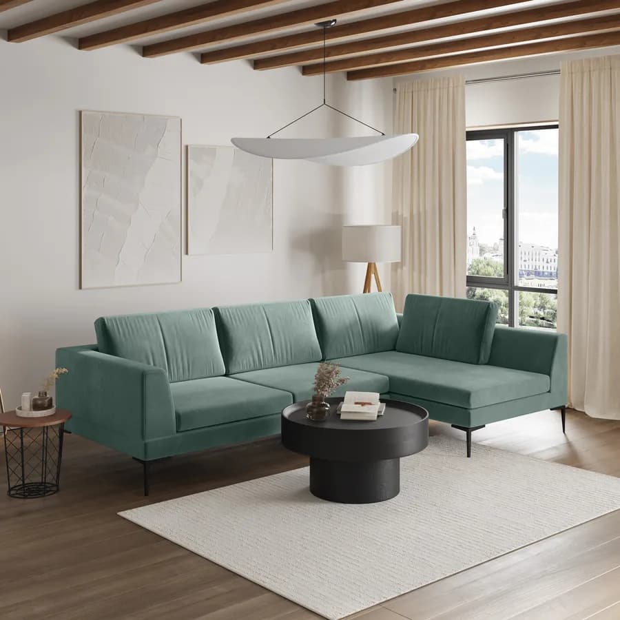 Divano angolare 3 posti in tessuto verde salvia effetto maglia con chaise longue destra - Renesmee