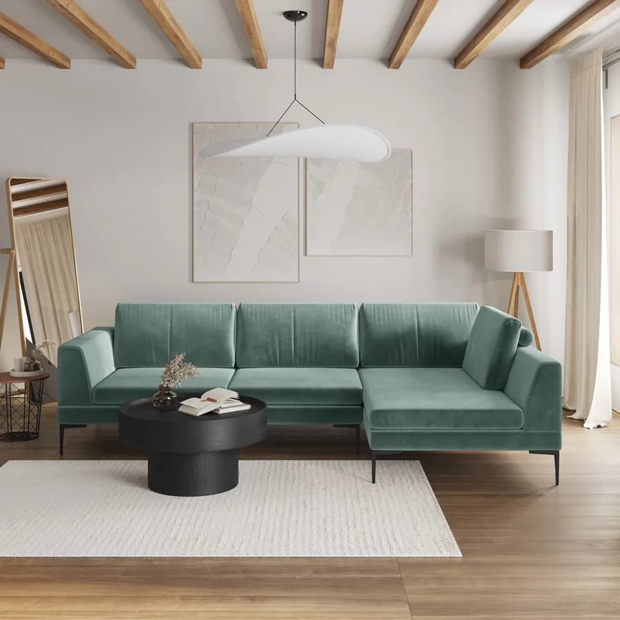 Divano angolare 3 posti in tessuto verde salvia effetto maglia con chaise longue destra - Renesmee