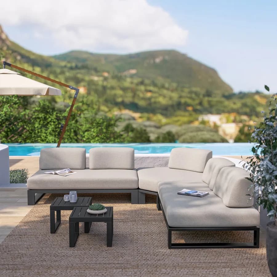 Divano angolare da giardino 5 posti in alluminio antracite e tessuto olefin beige - Haven