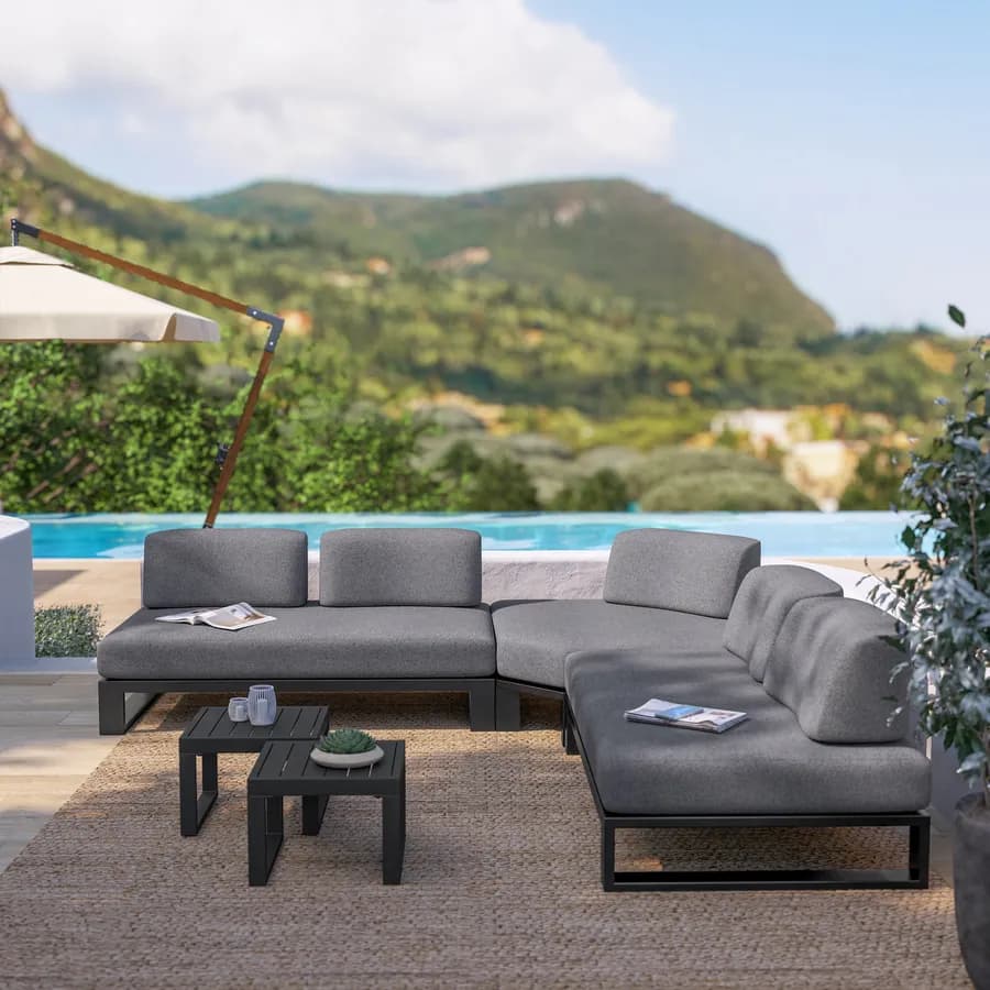 Divano angolare da giardino 5 posti in alluminio antracite e tessuto olefin grigio - Haven