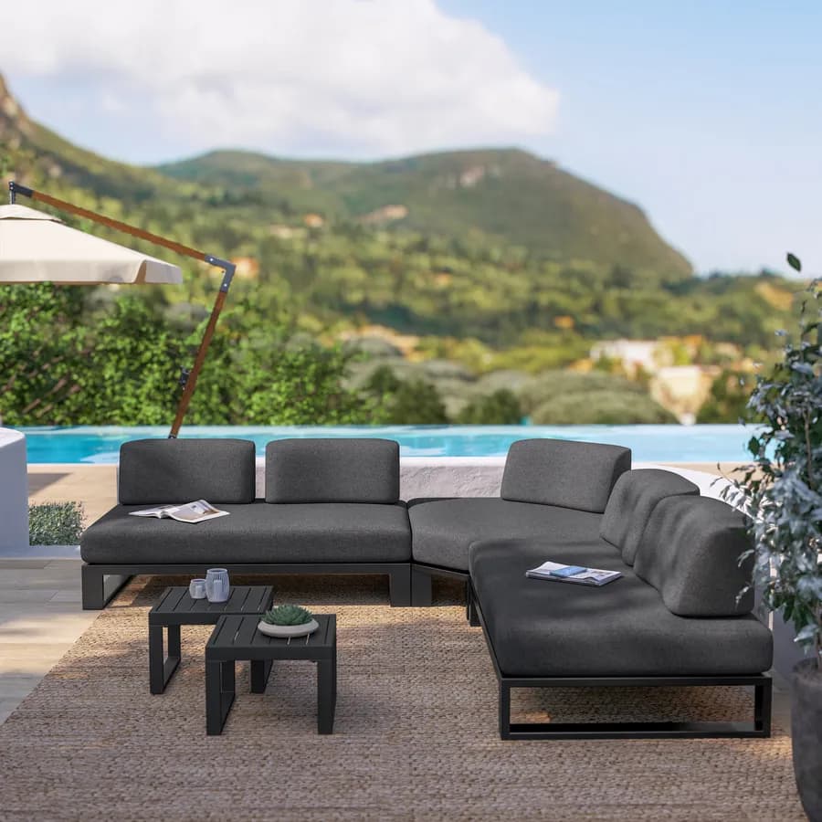 Divano angolare da giardino 5 posti in alluminio antracite e tessuto olefin grigio scuro - Haven