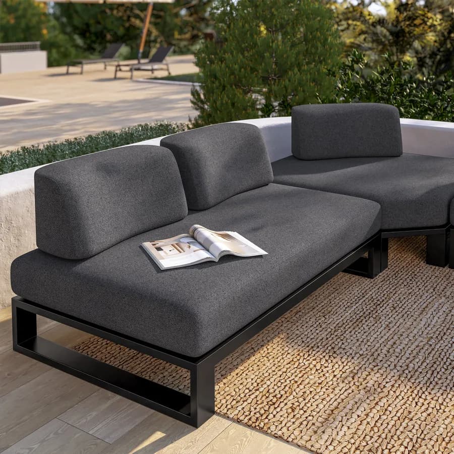 Divano angolare da giardino 5 posti in alluminio antracite e tessuto olefin grigio scuro - Haven
