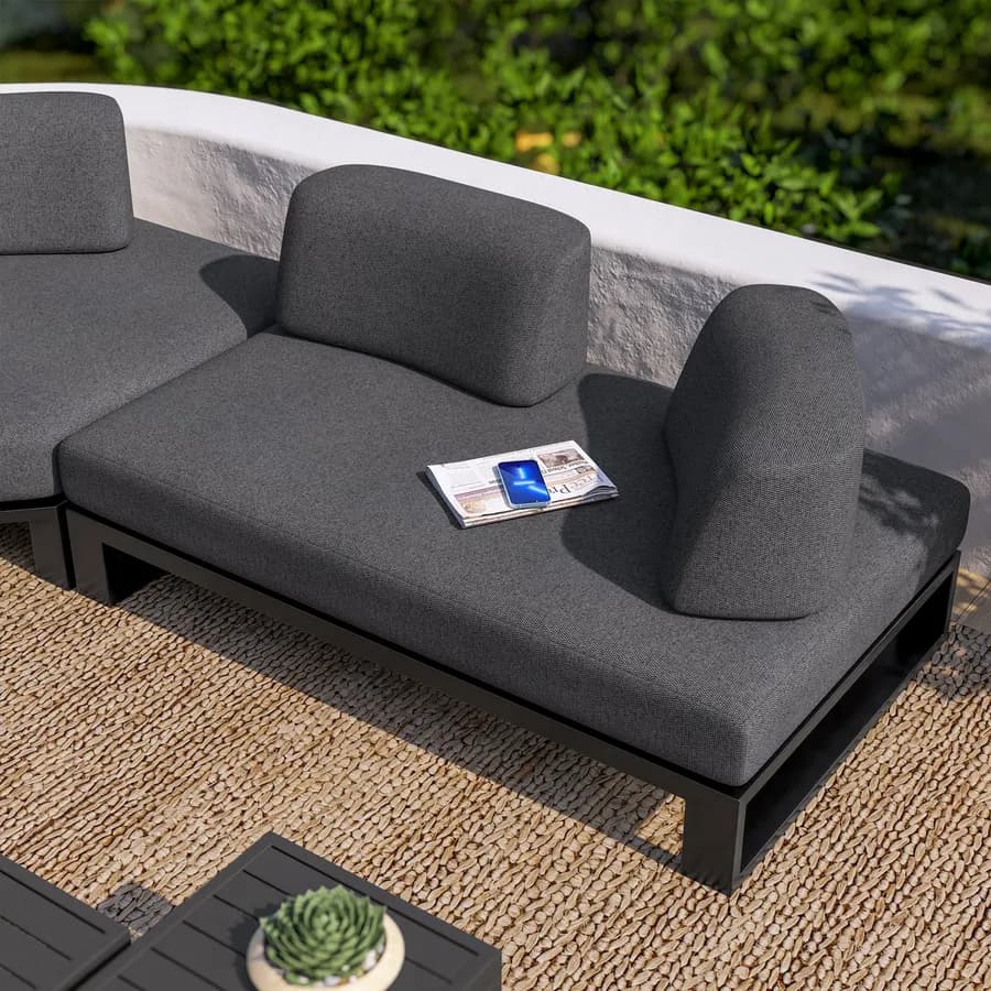 Divano angolare da giardino 5 posti in alluminio antracite e tessuto olefin grigio scuro - Haven