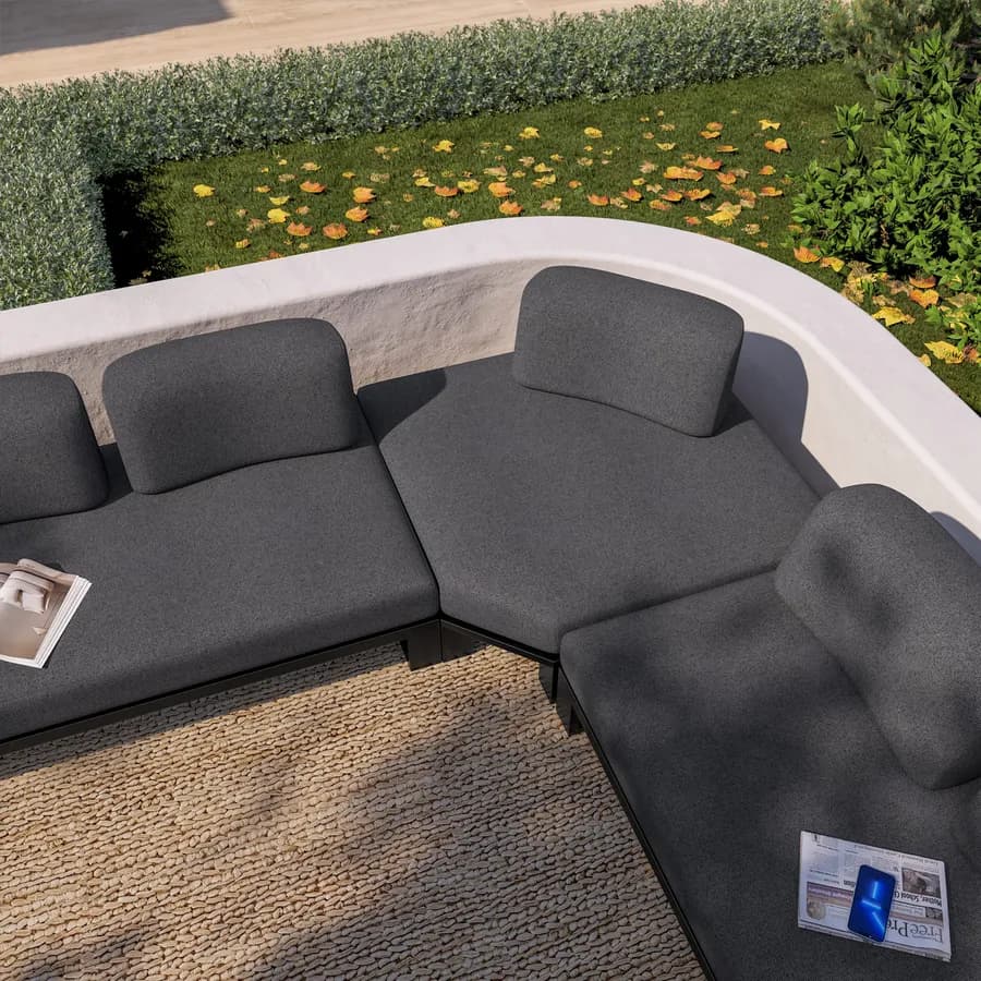 Divano angolare da giardino 5 posti in alluminio antracite e tessuto olefin grigio scuro - Haven
