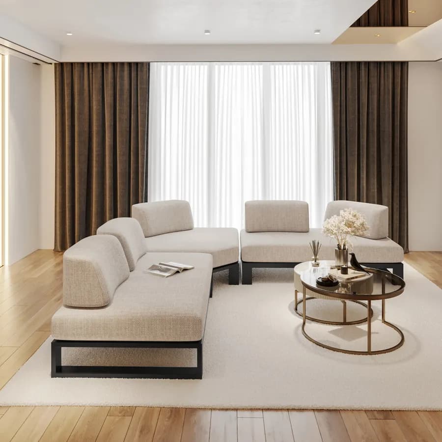Divano angolare 5 posti in tessuto olefin beige e alluminio antracite - Haven