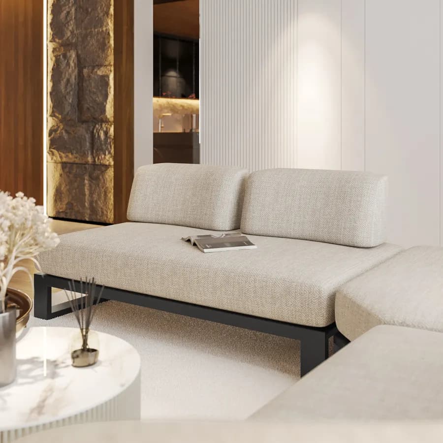 Divano angolare 5 posti in tessuto olefin beige e alluminio antracite - Haven