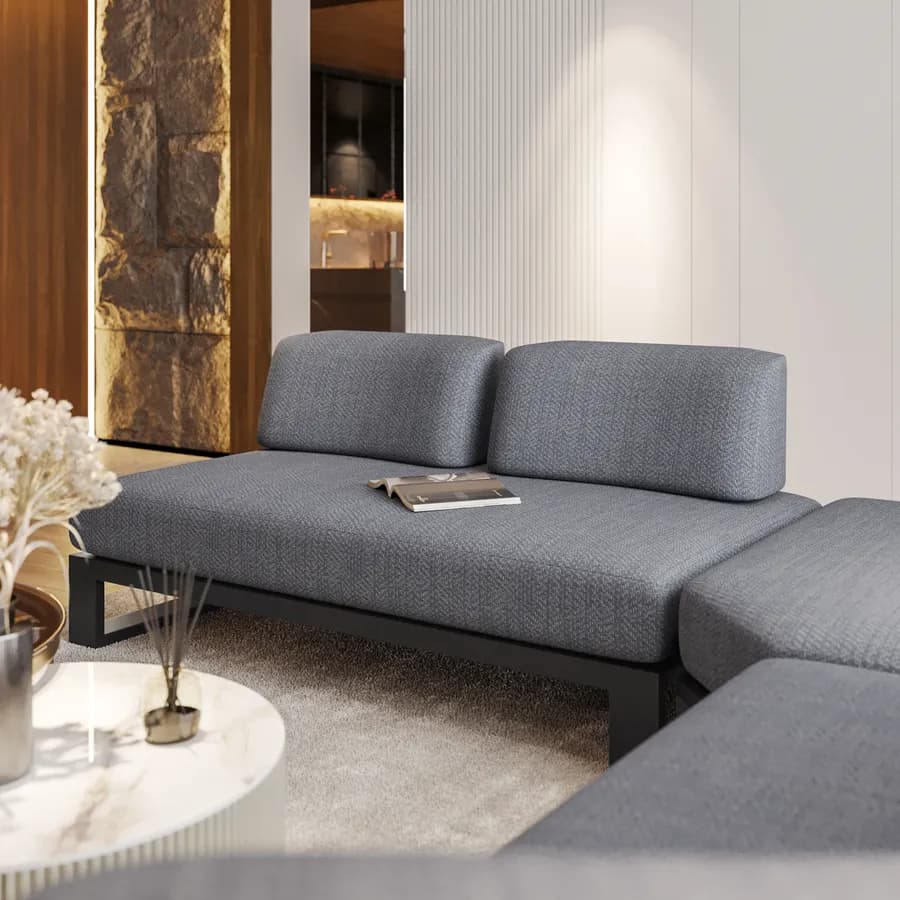 Divano angolare 5 posti in tessuto olefin grigio e alluminio antracite - Haven