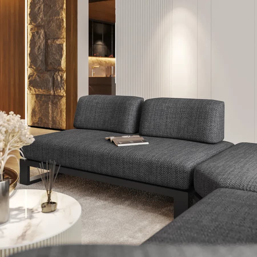 Divano angolare 5 posti in tessuto olefin grigio scuro e alluminio antracite - Haven
