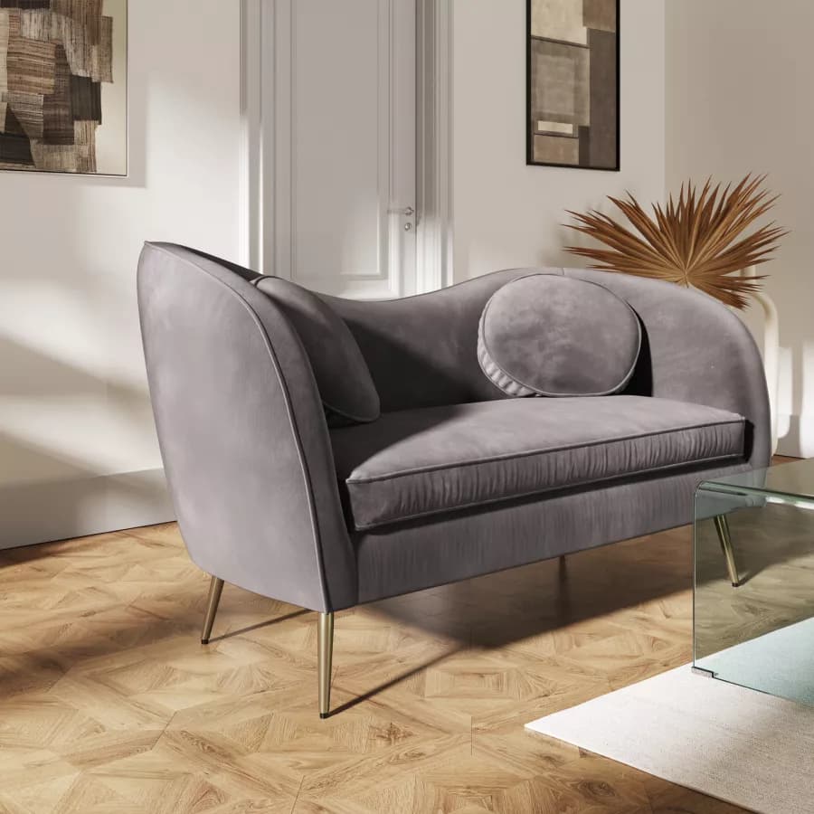 Divano 2 posti in velluto grigio con gambe champagne - Reef