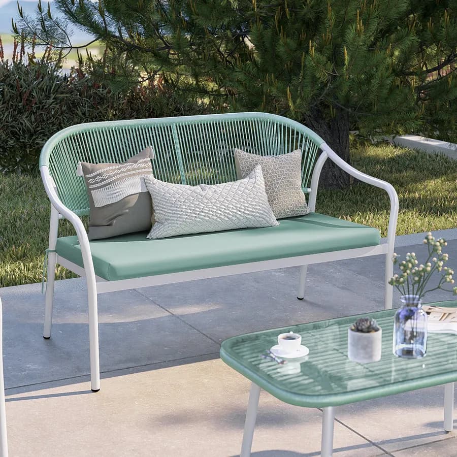 Divano da esterno 2 posti in acciaio bianco con schienale in corda e cuscino verde tiffany - Eivissa