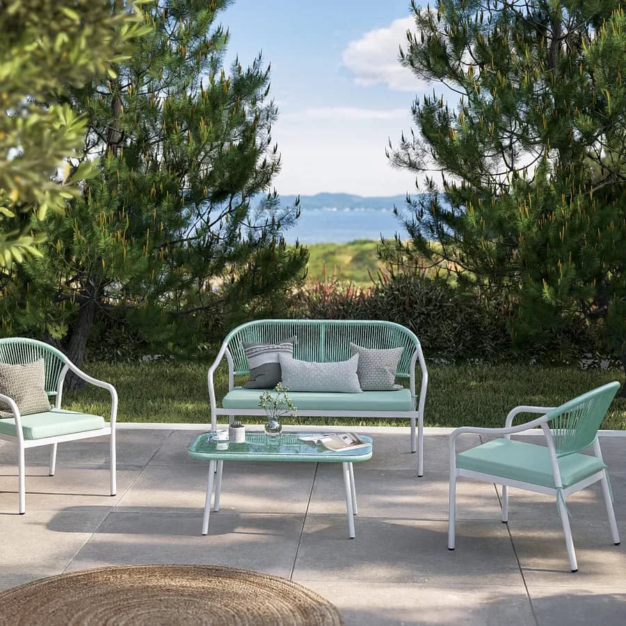 Divano da esterno 2 posti in acciaio bianco con schienale in corda e cuscino verde tiffany - Eivissa