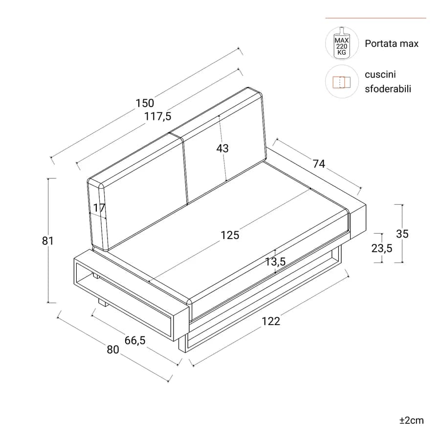 Divano da giardino 2 posti in alluminio bianco con cuscini beige - Parfa