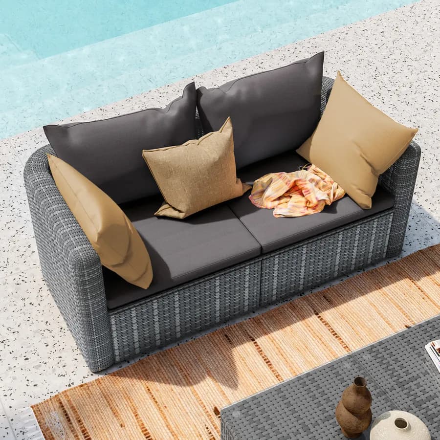 Divano da giardino 2 posti in polyrattan grigio con cuscini - Horizon