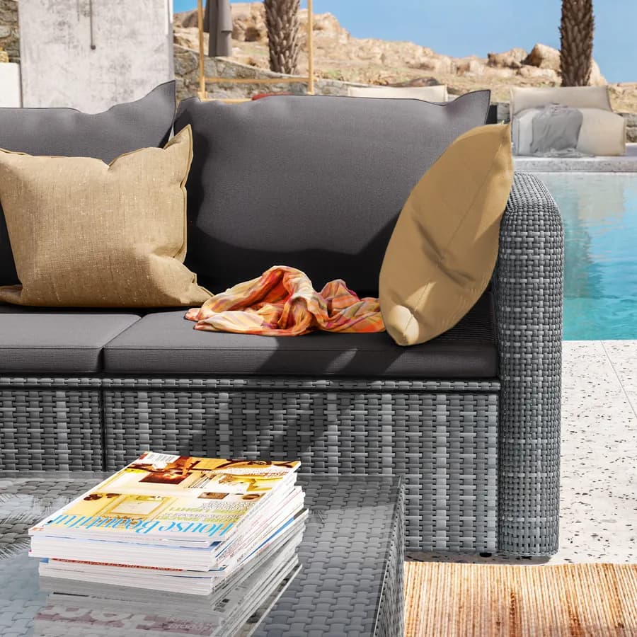 Divano da giardino 2 posti in polyrattan grigio con cuscini - Horizon