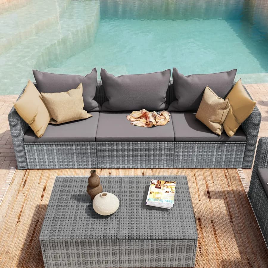 Divano da giardino 3 posti in polyrattan grigio con cuscini - Horizon