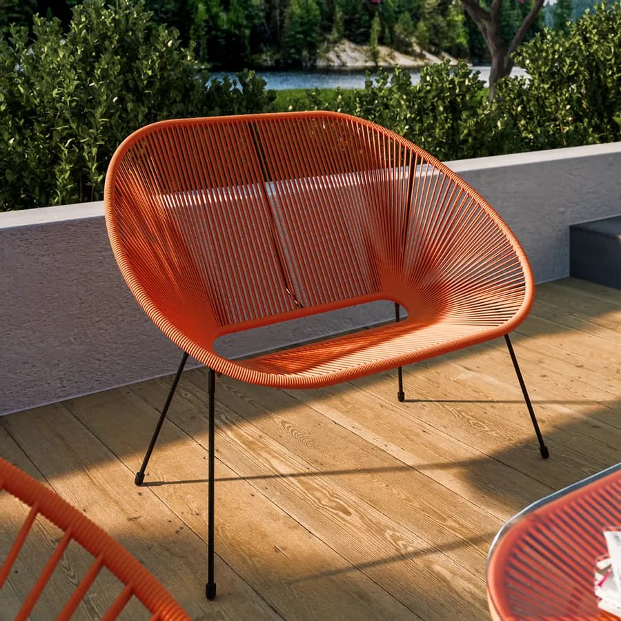 Divano da giardino in metallo nero rivestito in corda arancione - Kalimba