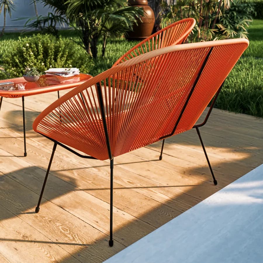 Divano da giardino in metallo nero rivestito in corda arancione - Kalimba