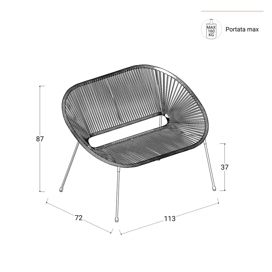 Divano da giardino in metallo nero rivestito in corda azzurro - Kalimba