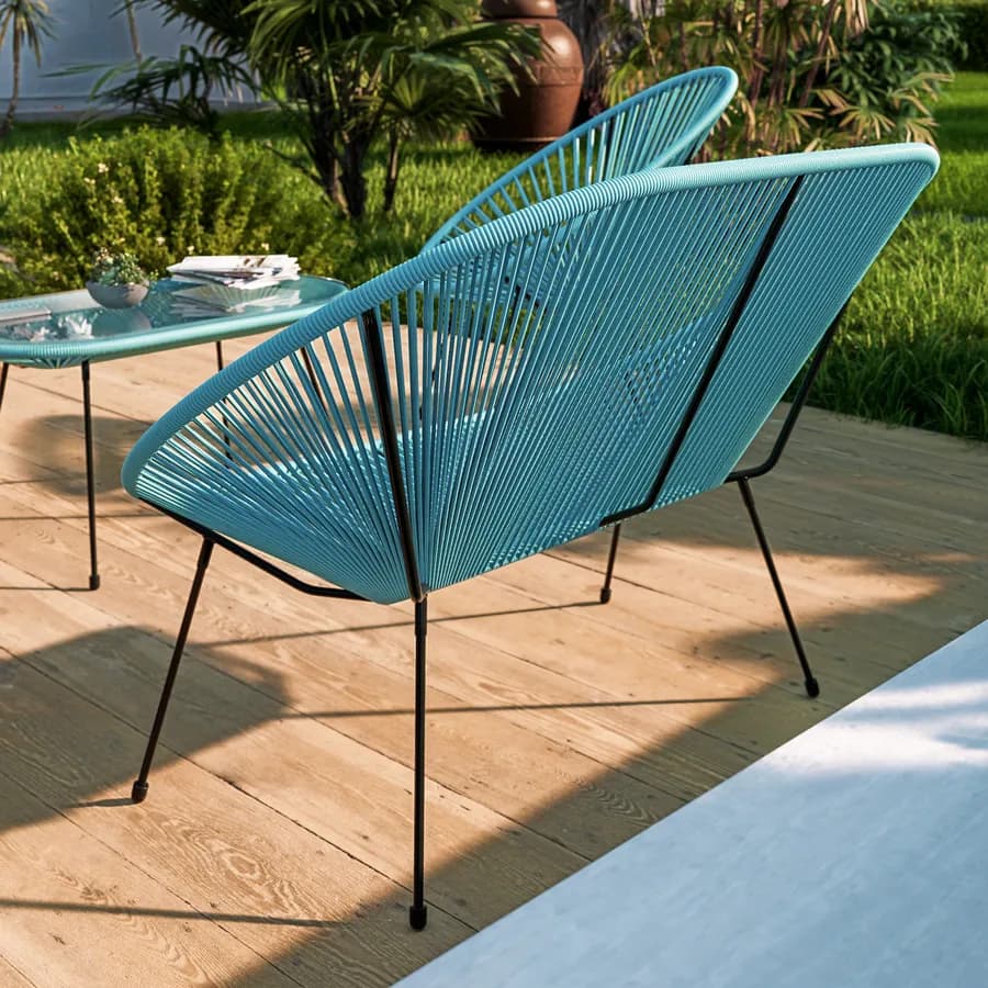 Divano da giardino in metallo nero rivestito in corda azzurro - Kalimba