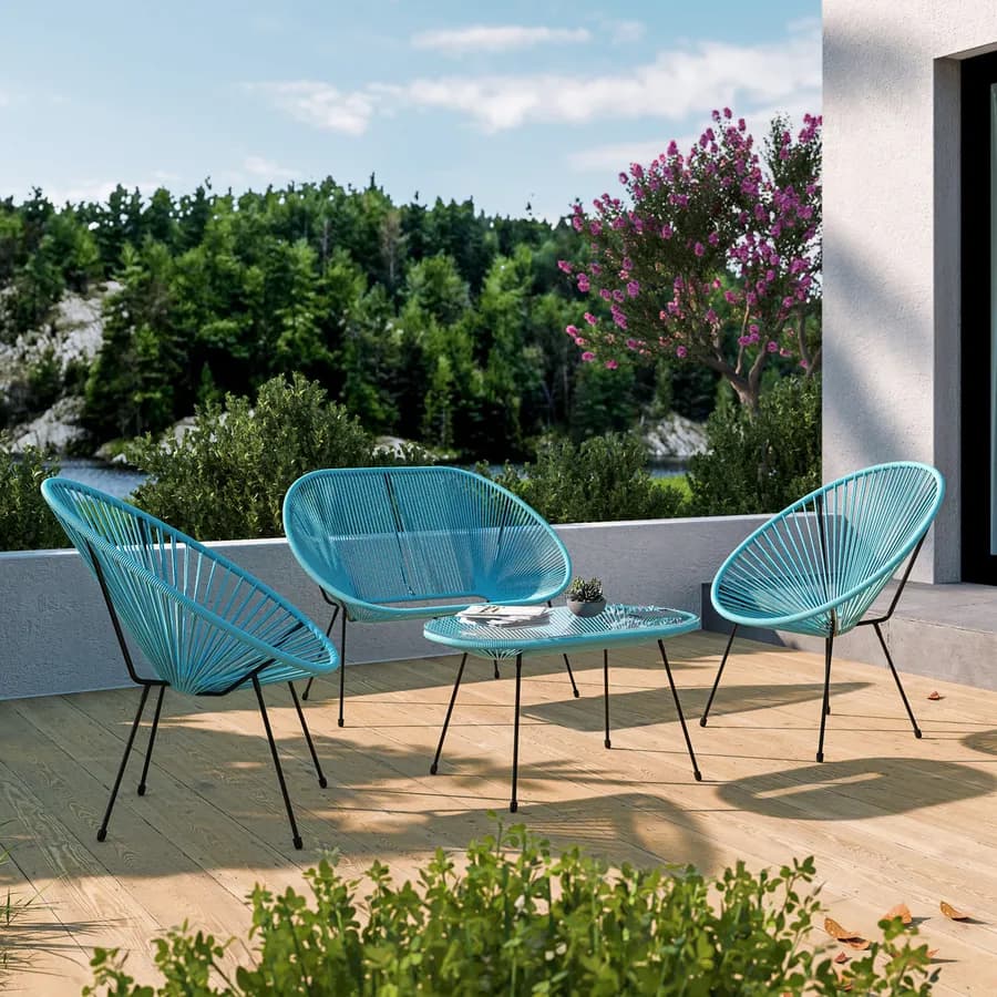 Divano da giardino in metallo nero rivestito in corda azzurro - Kalimba