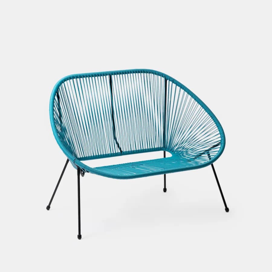 Divano da giardino in metallo nero rivestito in corda azzurro - Kalimba