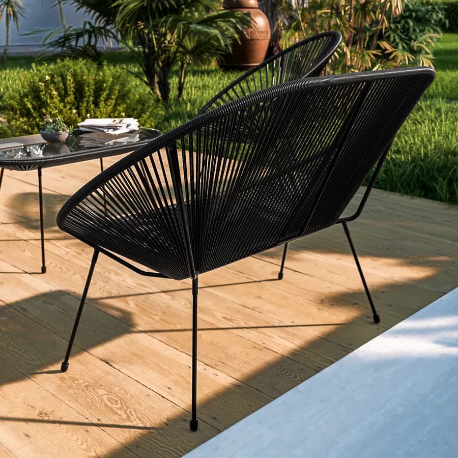 Divano da giardino in metallo nero rivestito in corda nera - Kalimba