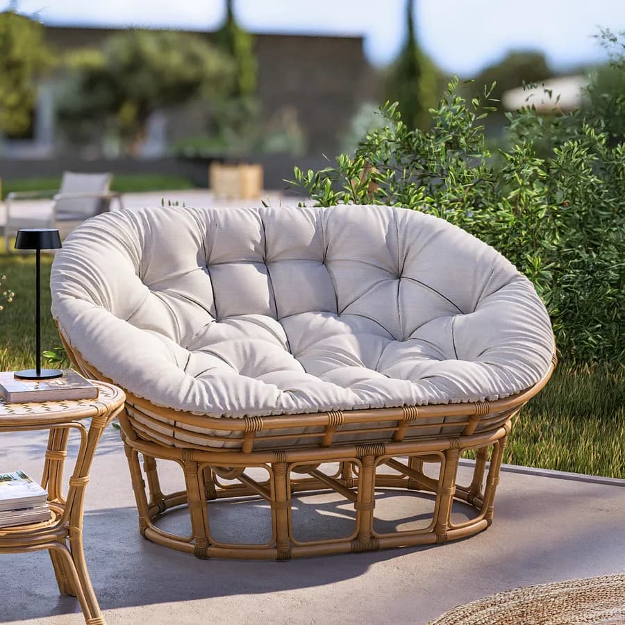 Divano da giardino in rattan naturale e cuscino trapuntato ecrù - Matra