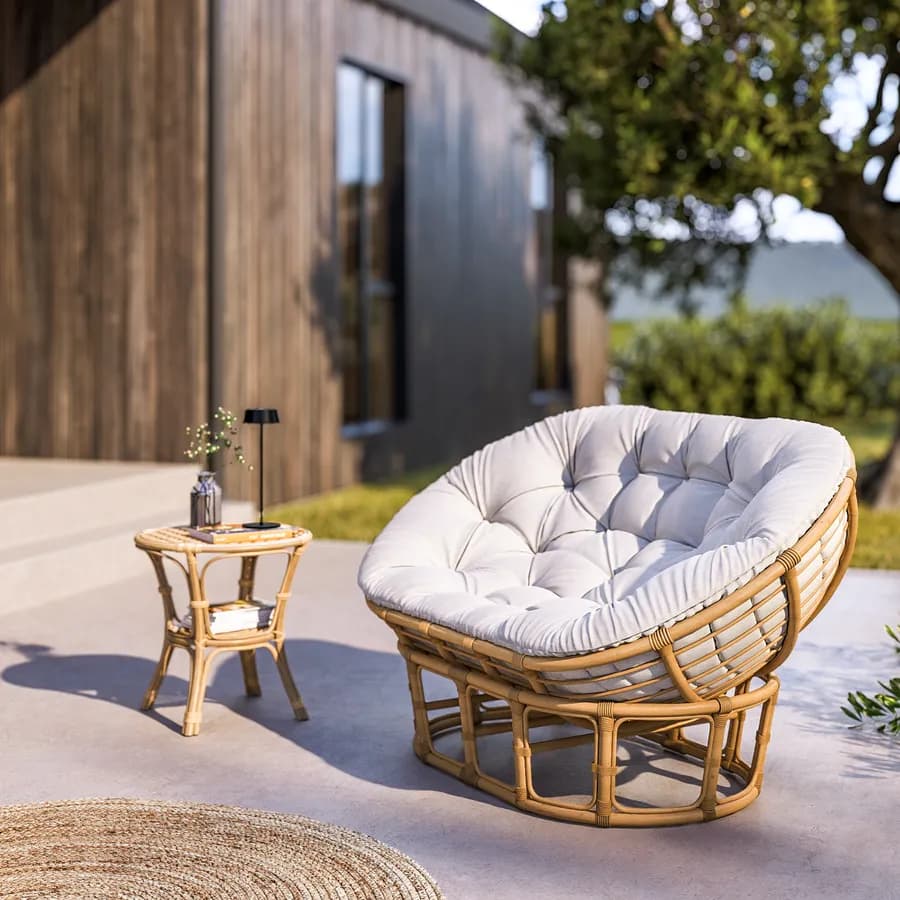 Divano da giardino in rattan naturale e cuscino trapuntato ecrù - Matra