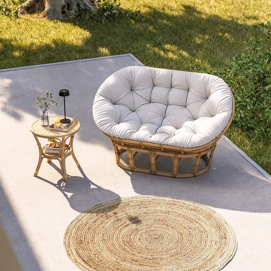 Divano da giardino in rattan naturale e cuscino trapuntato ecrù - Matra