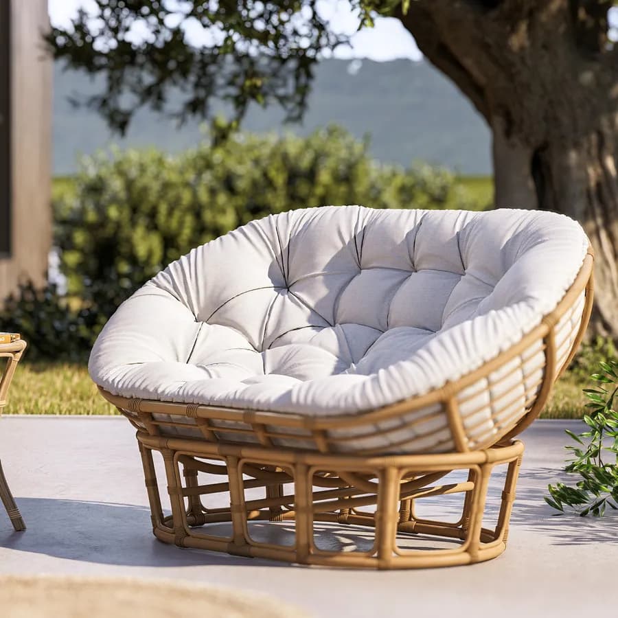 Divano da giardino in rattan naturale e cuscino trapuntato ecrù - Matra