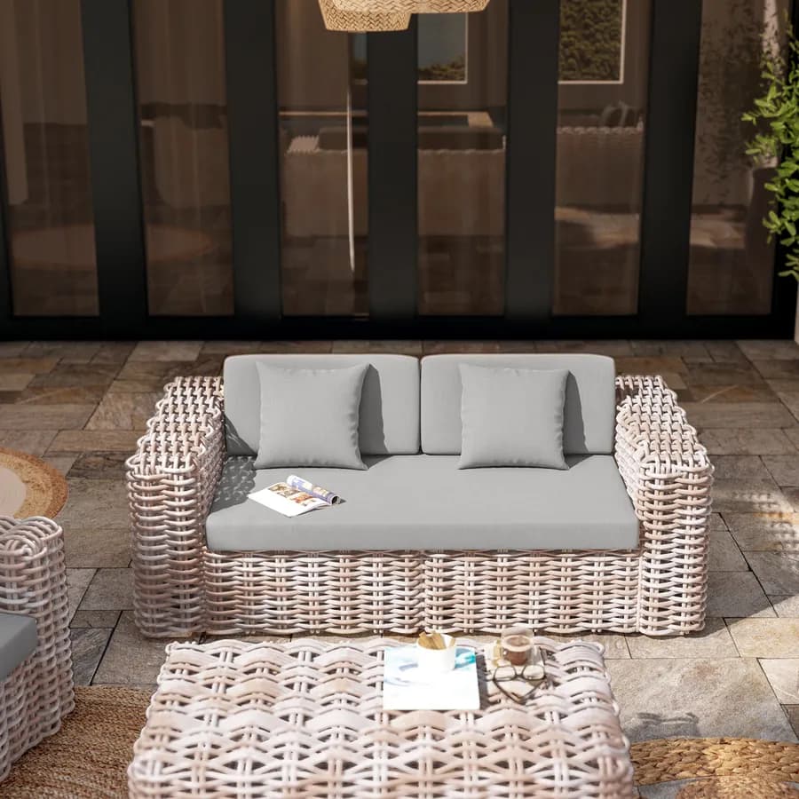 Divano 2 posti in rattan bianco con soffici cuscini - Daril