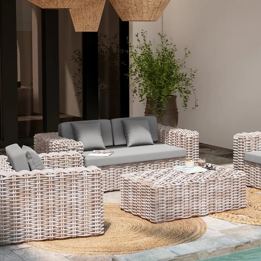 Divano 2 posti in rattan bianco con soffici cuscini - Daril