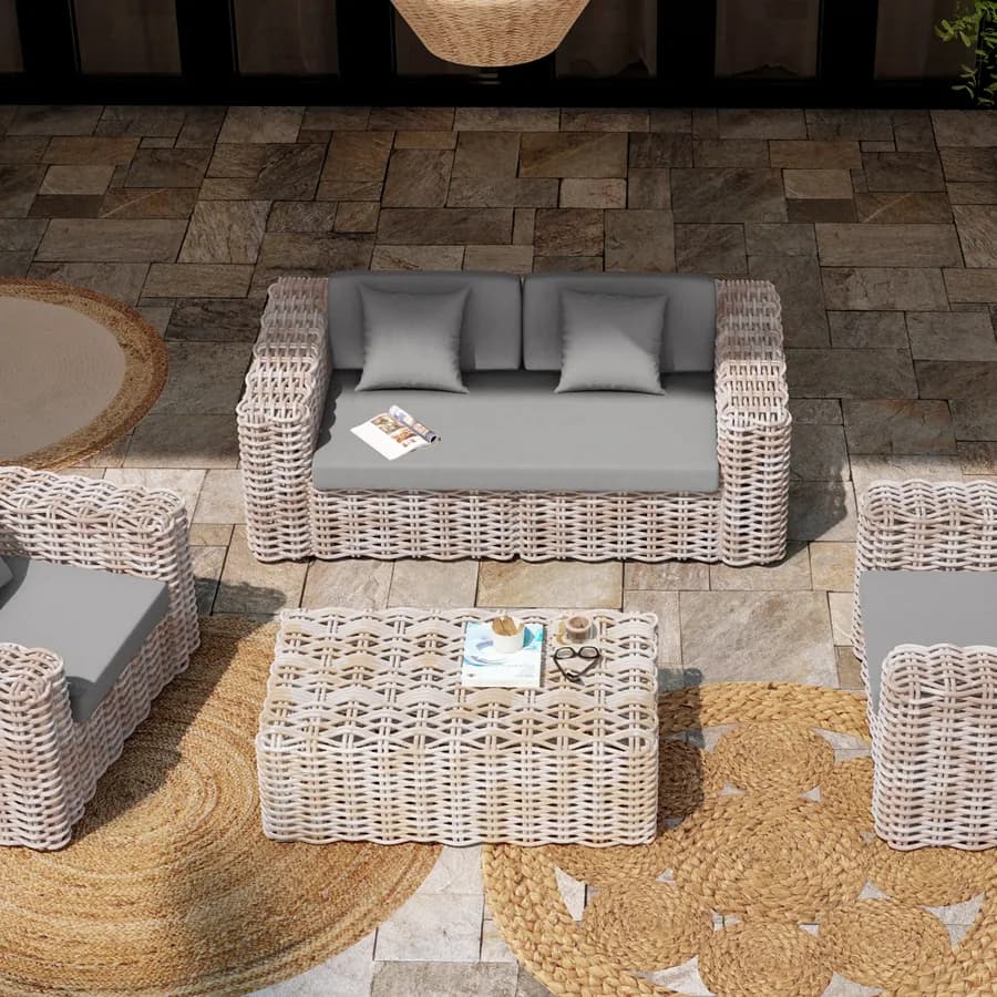 Divano 2 posti in rattan bianco con soffici cuscini - Daril