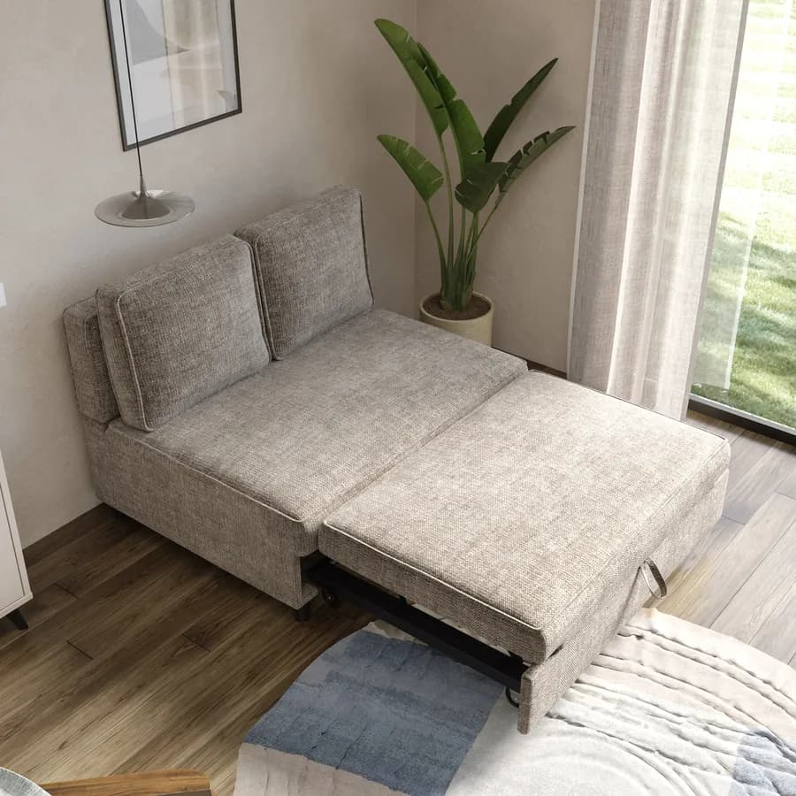 Divano letto 2 posti in ciniglia beige con sistema estraibile e 2 cuscini - Mirrian
