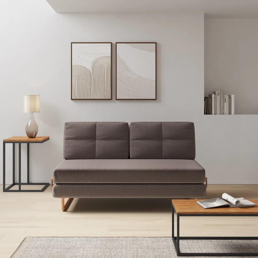 Divano letto 2 posti reclinabile in tessuto cappuccino e gambe effetto legno - Legrand