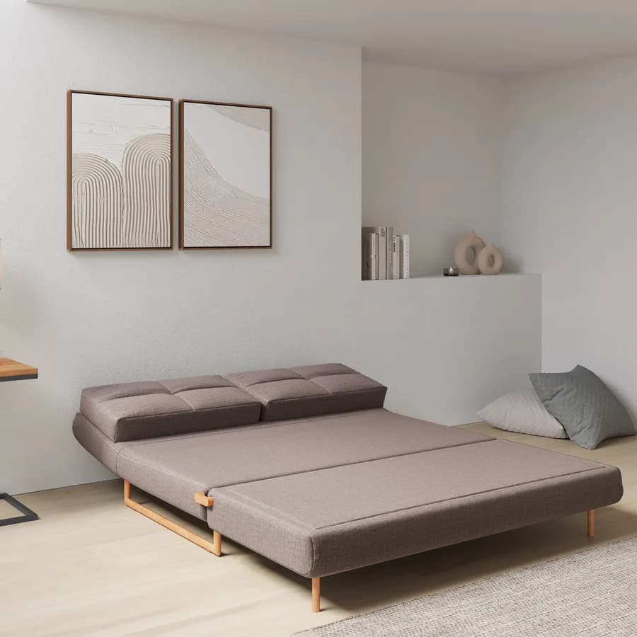 Divano letto 2 posti reclinabile in tessuto cappuccino e gambe effetto legno - Legrand