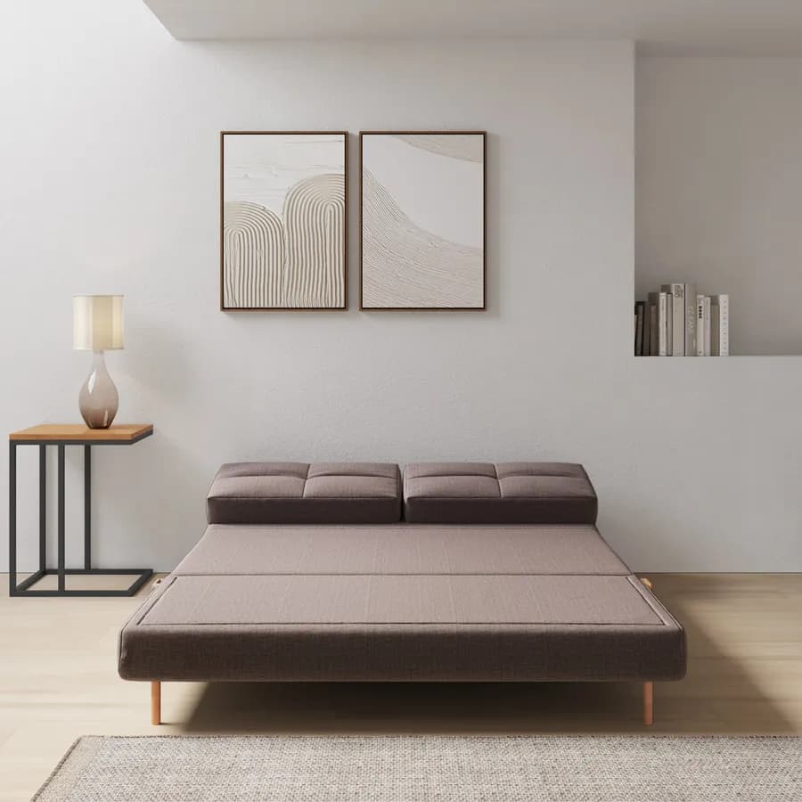 Divano letto 2 posti reclinabile in tessuto cappuccino e gambe effetto legno - Legrand