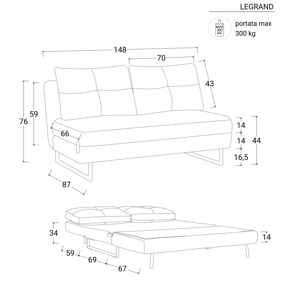 Divano letto 2 posti reclinabile in tessuto tortora e gambe effetto legno - Legrand