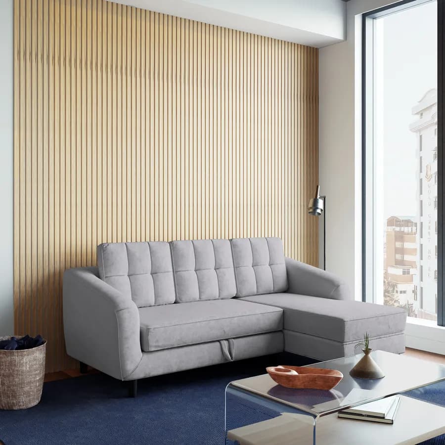 Divano letto 3 posti con sistema estraibile in tessuto grigio e con chaise longue destra - Jago
