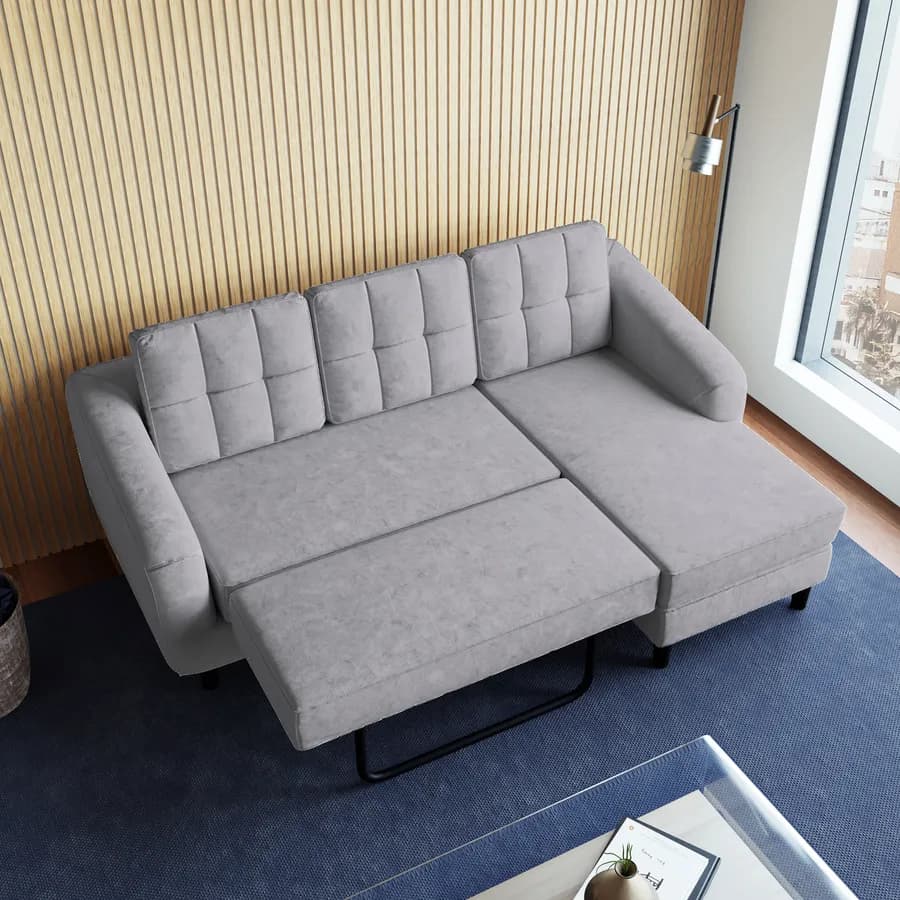 Divano letto 3 posti con sistema estraibile in tessuto grigio e con chaise longue destra - Jago