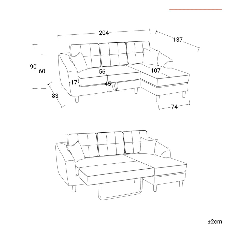 Divano letto 3 posti con sistema estraibile in tessuto grigio e con chaise longue destra - Jago