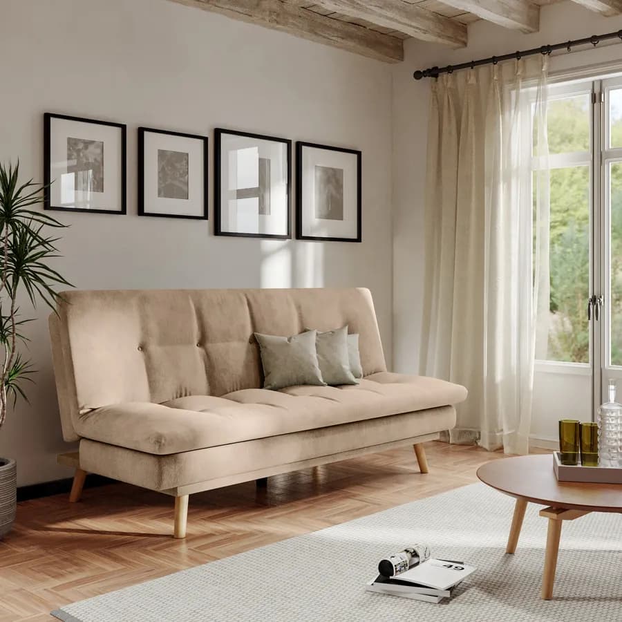 Divano letto 3 posti in tessuto a trama sottile beige con piedi in legno - Breland