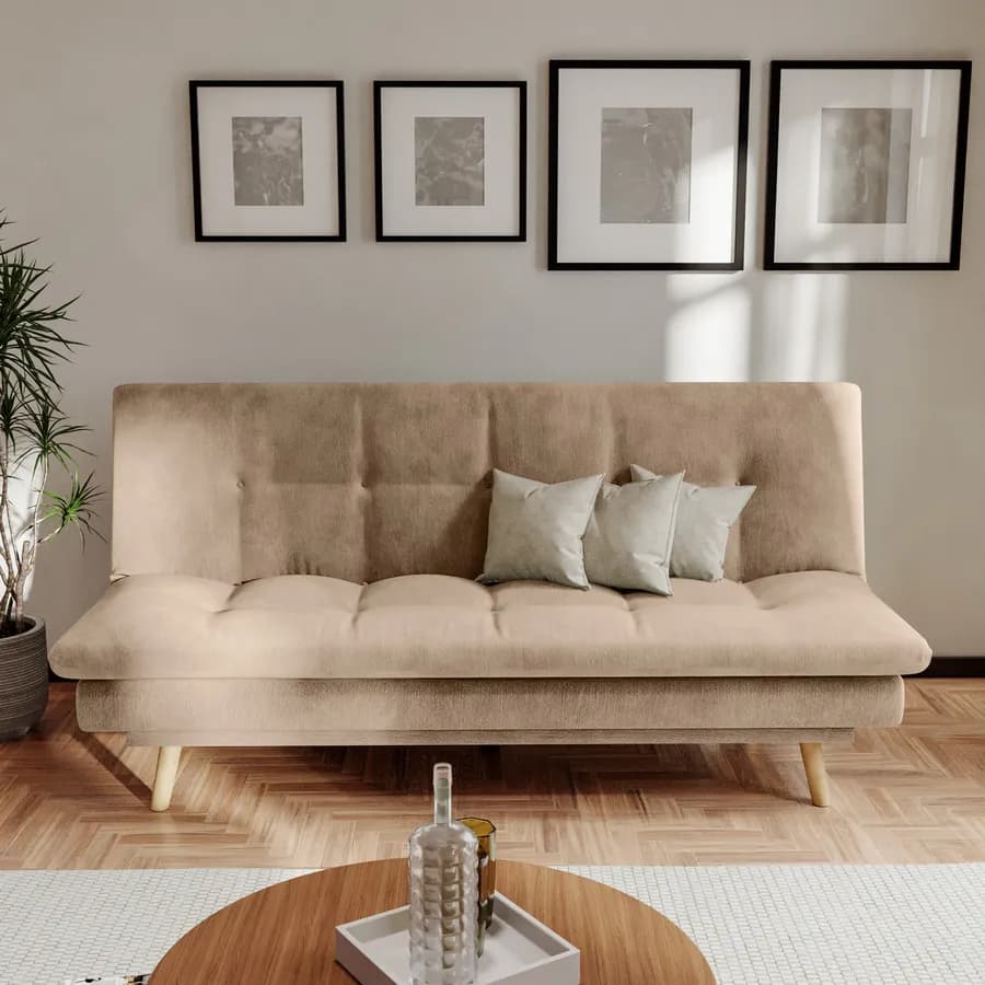 Divano letto 3 posti in tessuto a trama sottile beige con piedi in legno - Breland